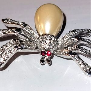 KJL Spider Brooch - Signed, Faux Pearl, Sparkling Crystals,  Vintage - Rare, Fab